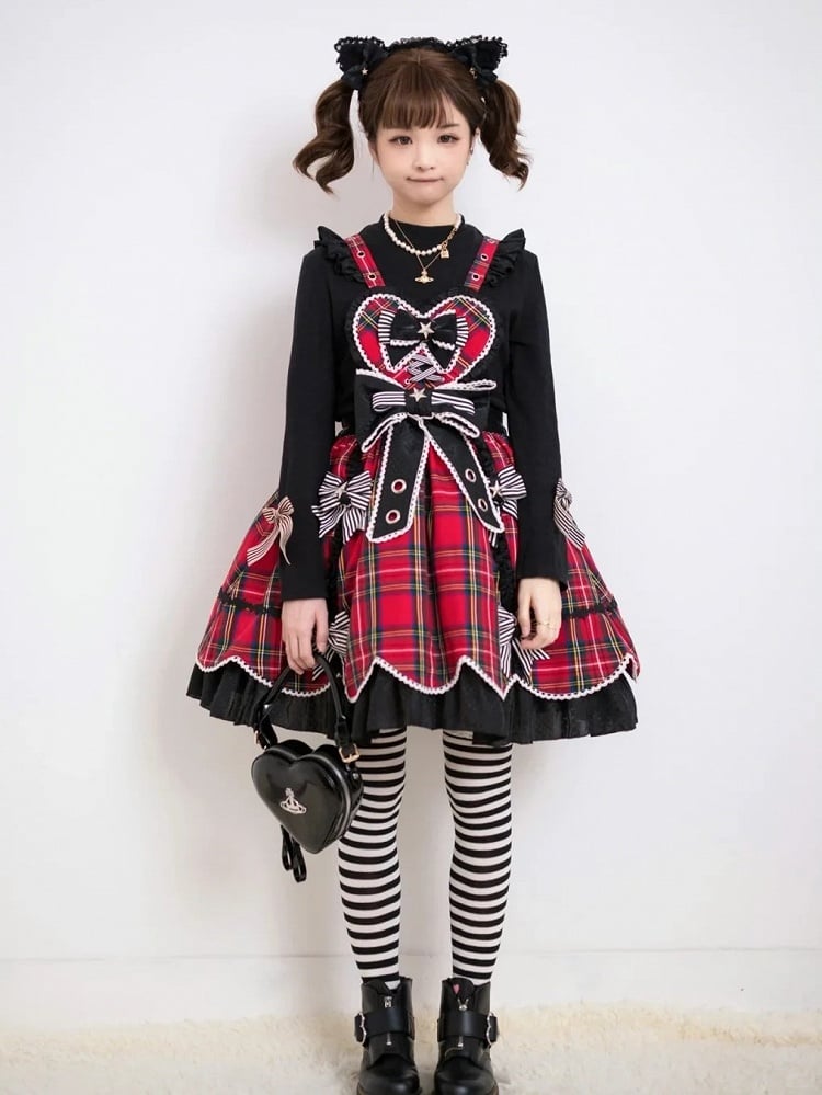 Punk Heart-Bodice Skirt Flutter Bowknots Straps Jumper Lolita with Red Plaid Striped