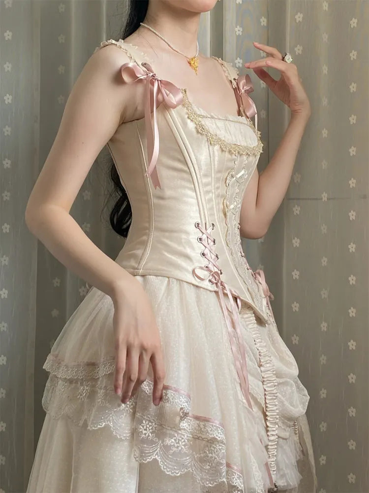 シャンパンレースアップディテールボーンコルセットトップ+ハイローレイヤードロリータスカートBE002