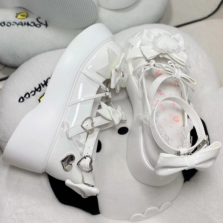 Refined and PU Shoes Bow Heart Lace Details with Elegant Platform in Off-white Elements Lolita Trim Sweet