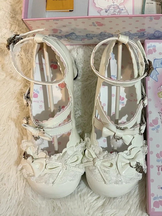 in with White PU Mid-heel Janes Mary Leather Bow Accents