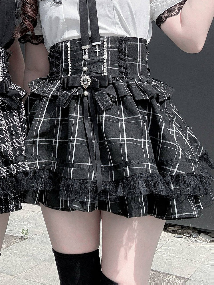 Black Jirai Kei Plaid High Waist Skirt with Bow and Lace Detail - Virtual Paradise