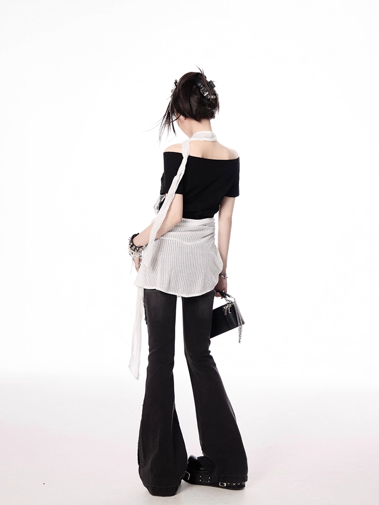 Y2K Black and White Letter Two-pieces Print Halter T-shirt