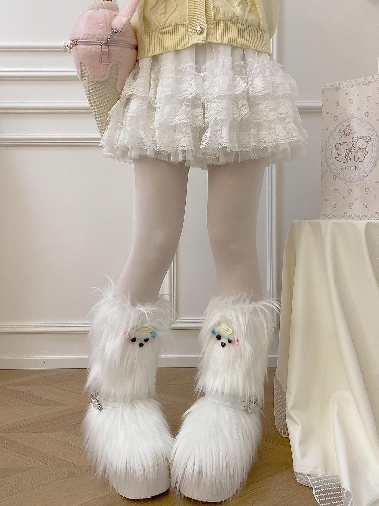 White Maltese Puppy Y2K Platform Furry Boots