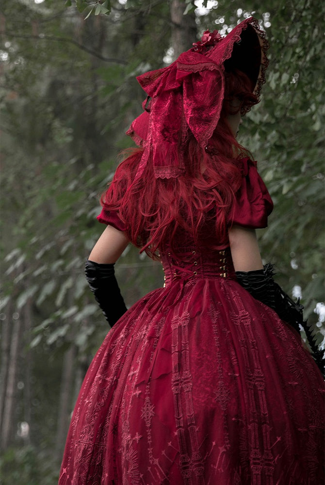 Rotes Kleid mit Drachenknochen-Stickerei und hohem Rock, Gothic Lolita OP mit Kathedralen-Stickerei-Overlay