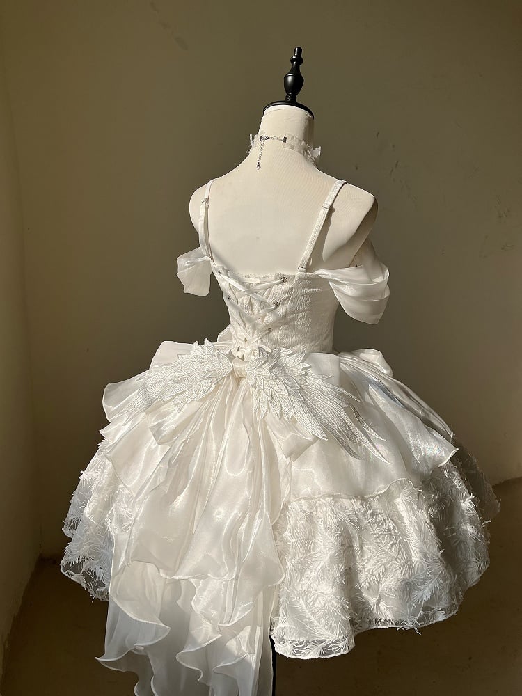 Brustumfang: Weißer Schwanenstoff, Taille: Prinzessin, 92–96 cm, Feder-Baskenkleid, Feenträger, XL, Shiro für Lolita, Spaghettiträger in Ausverkaufsgröße