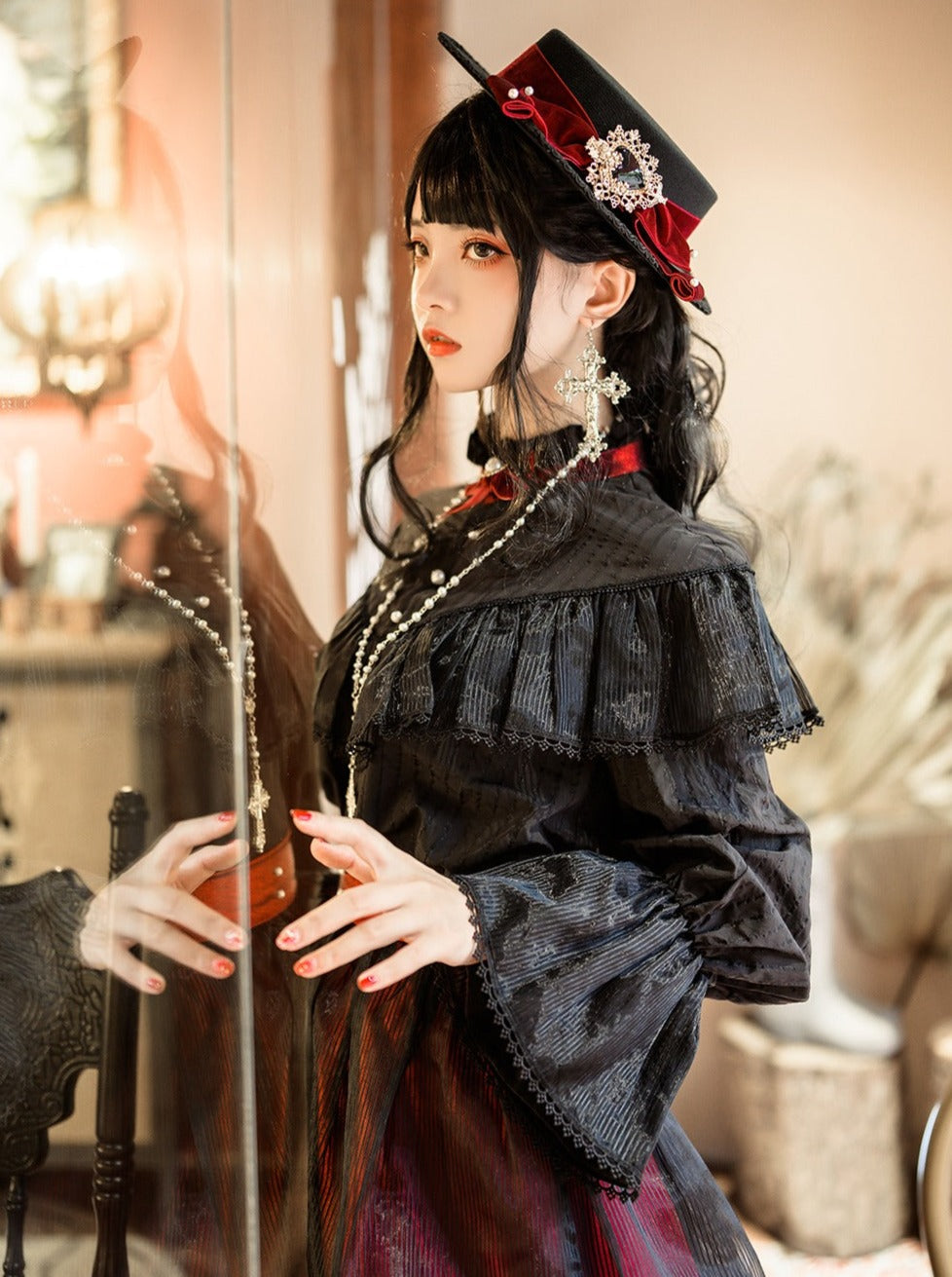 Red Collar Elegant Dark Gothic Shirt Retro Lolita Stand