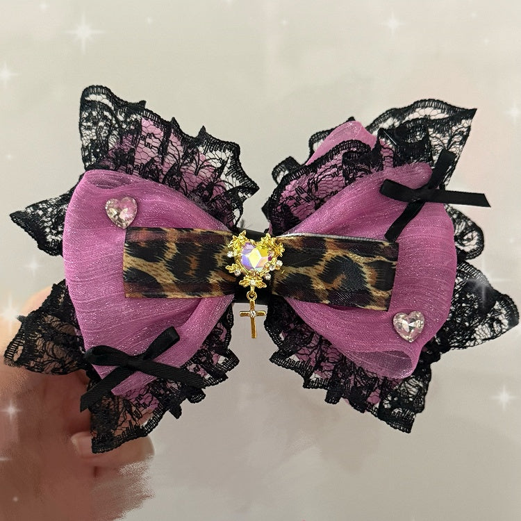 Leopard Trim Heart Decorated Rose Lace Hairclip Bowknot Red Pattern Rhinestone