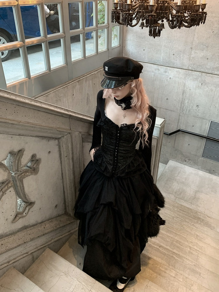 Bubble and Accent Length Tea Back Lace-Up White/Black Cross Tiered Skirt Metal with