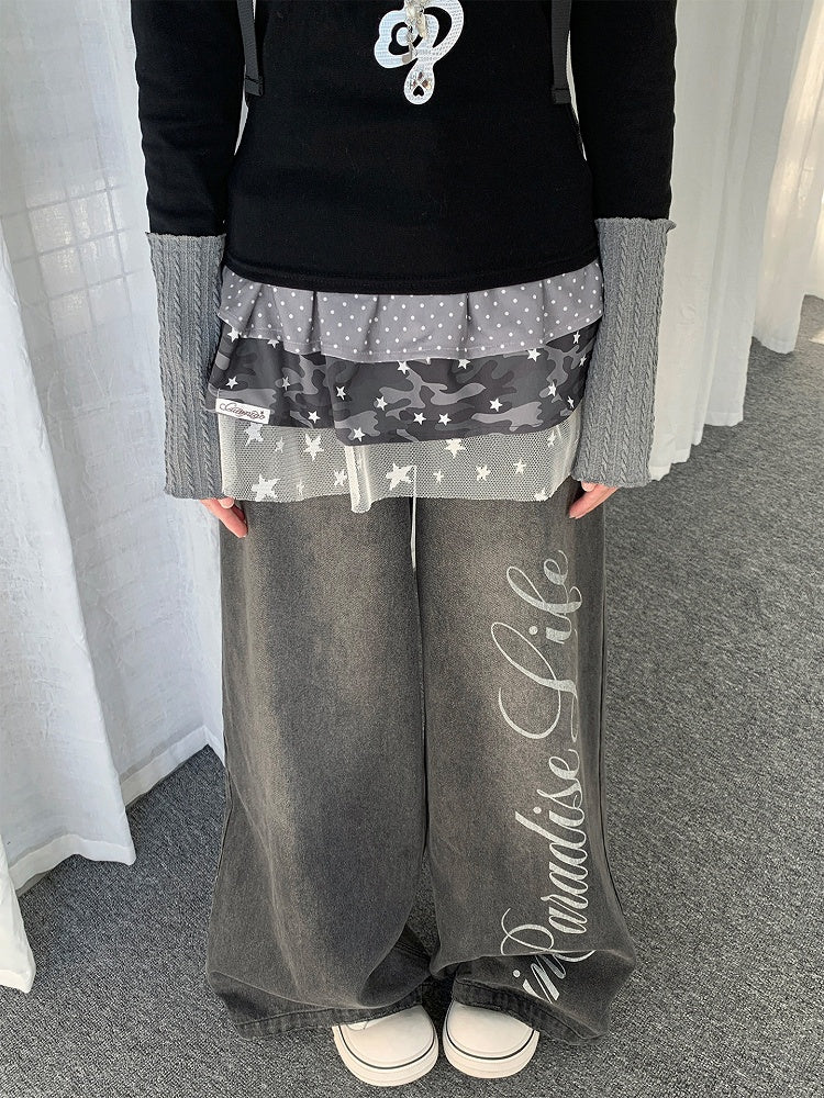Y2K Panel - Lace Star Design Camouflage Self-tie with Skirt