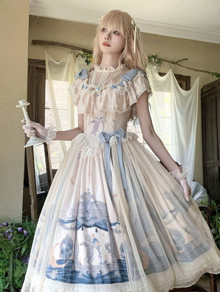 Edward Basque Lolita Print Dress Classic Neck Elegant Angel Piece Waist One