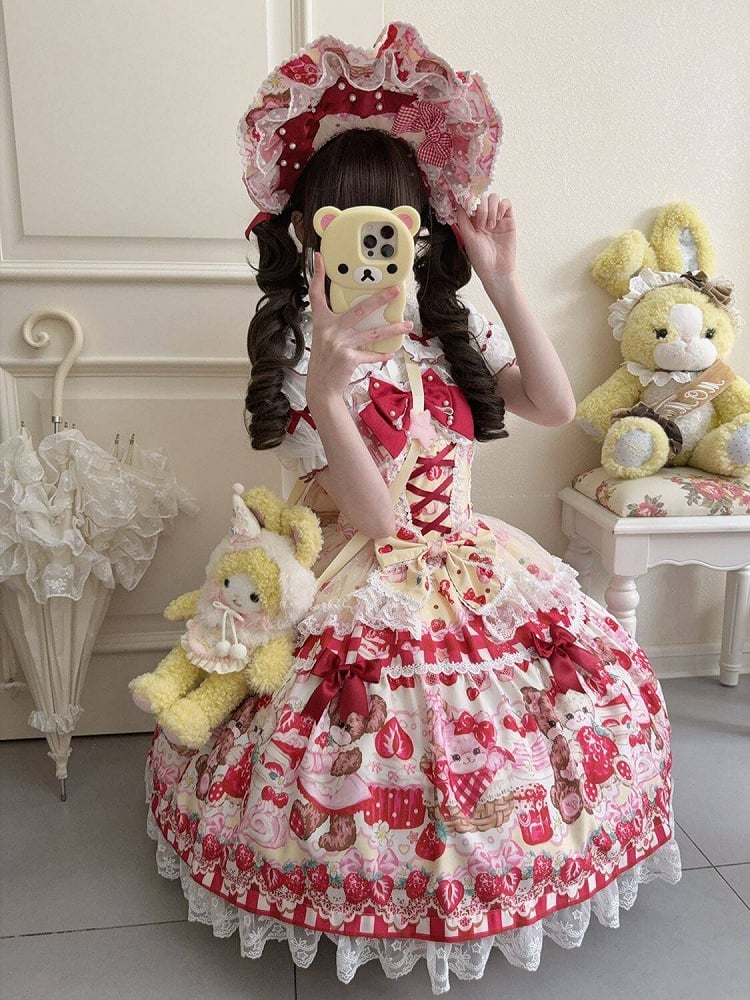 Teddy and Strawberry Print Yellow Sweet Lolita JSK Dress with Lace Trims and Bow Accents - Miss Han