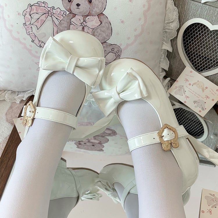 in PU Decorative Bow with Rabbit-shaped Toe and Round Low-heel Shoes Clasp White
