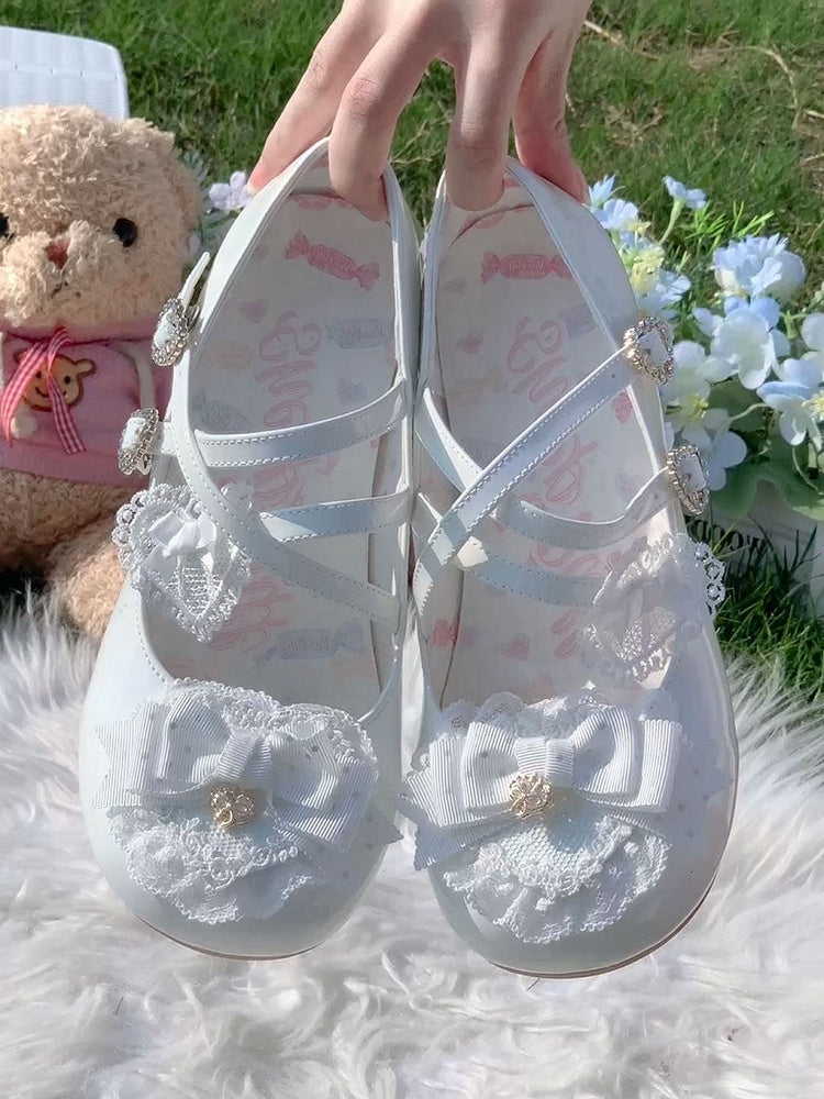 Sweet Mary Rhinestone Low-heel - Closure Heart White Janes