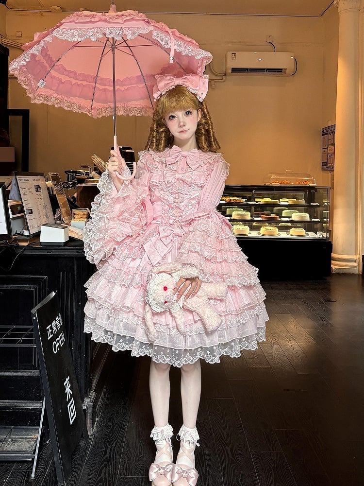 Multi-Layer JSK Trim Lace Bow Details Cute Pink Princess with Bead Sweet Dress