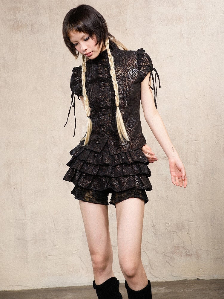 Black Print Fashion Gyaru Waist Leopard Elastic Skort Low-Rise Punk Layers Ruffle with