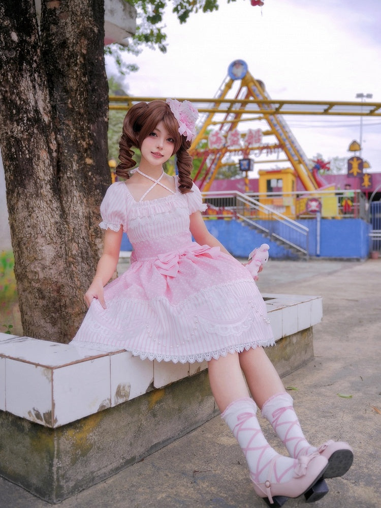 Print Polka Short Pattern Dots Pudel Pink Gestreifte Lolita-Ärmel mit Kleidschleife und Aufnäher