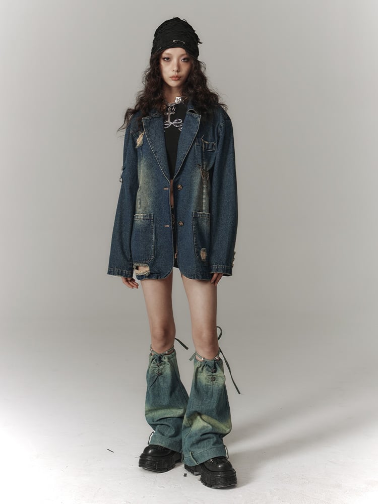 Blue Distressed Longline Vintage Fit Blazer Pockets with Denim 3D Hole Punk