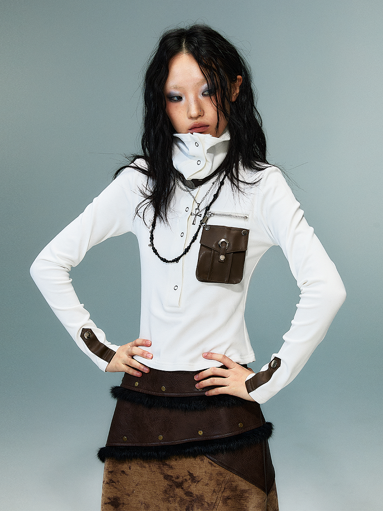 PU Pocket White Punk High-Neck Knit Top with Brown
