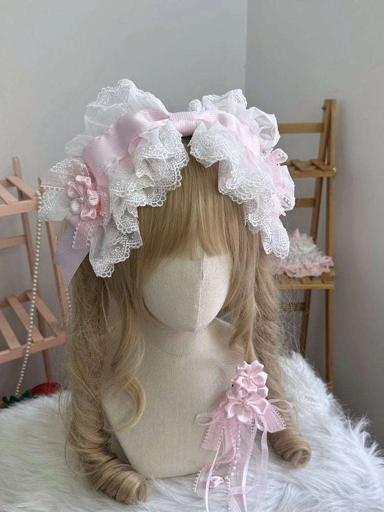 White Clip Lace (Single) Ruffled Bow Hair Pink