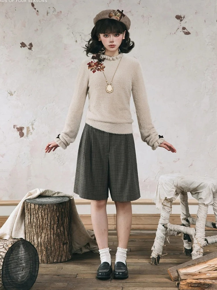 秋のトップス、リボン結びの袖口、ネックライン、リーフ刺繍ニット、メープルカーキ