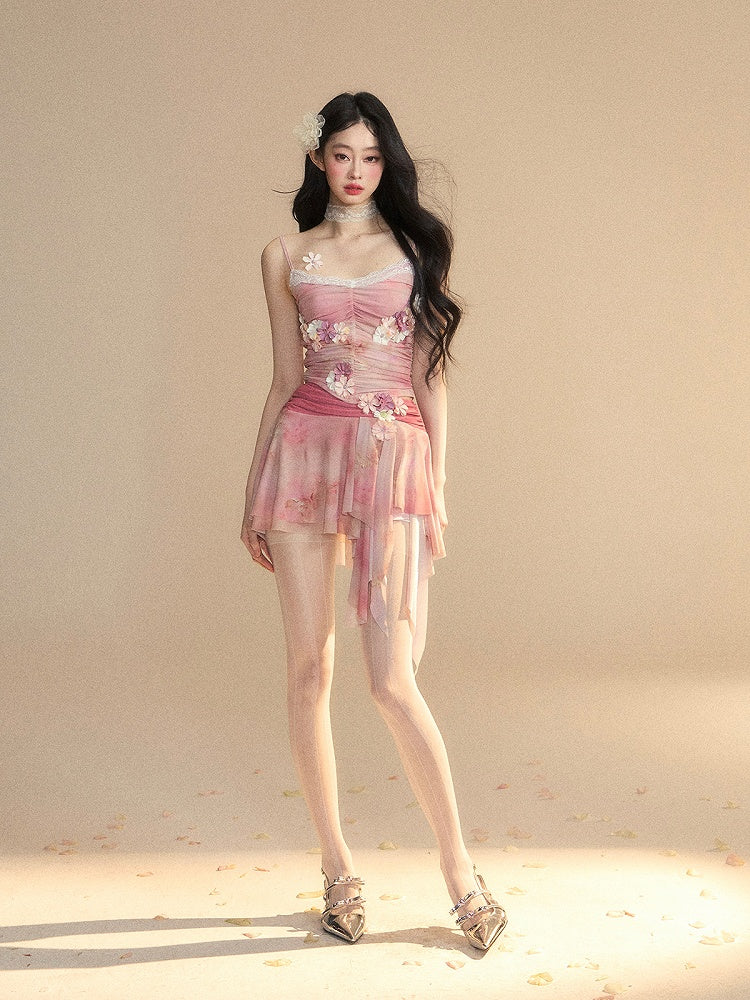 Top/Cherry Blossom Print Asymmetrical Hem Shorts Pink Cherry Blossom Embellished Cami