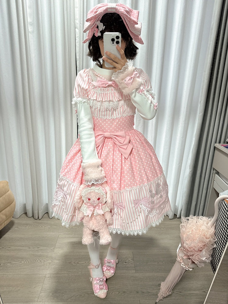 Polka Dot & Striped Pink Lolita Short Sleeve Dress with Poodle Patch - Infanta