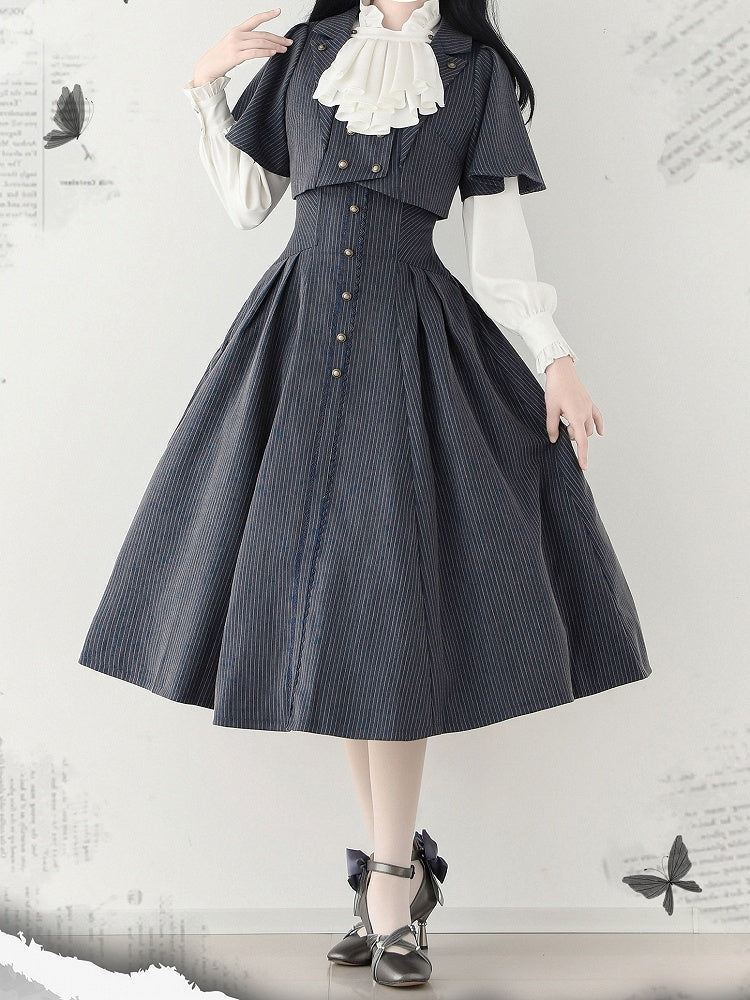 Dark Dusty Blue Spring Vintage Boned High Waist Elegant Classic Lolita Skirt