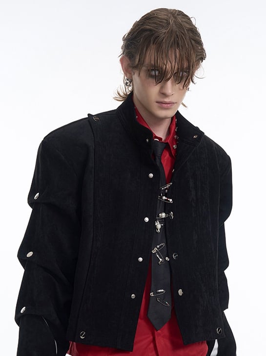 Deconstructed Suede Black Cropped Men’s Sleeve Pleating with Jacket