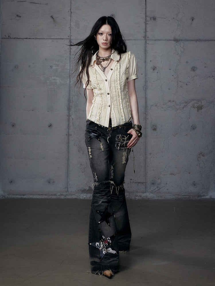 Punk Sleeve Short Pintuck Distressed Wasteland Blouse Pleats with Light Khaki V-Neck Hem