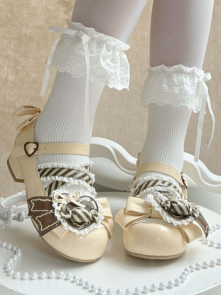 Lolita PU Mary Clip Heart Brown Leather Yellow Low-heel Janes - Candy in Sweet