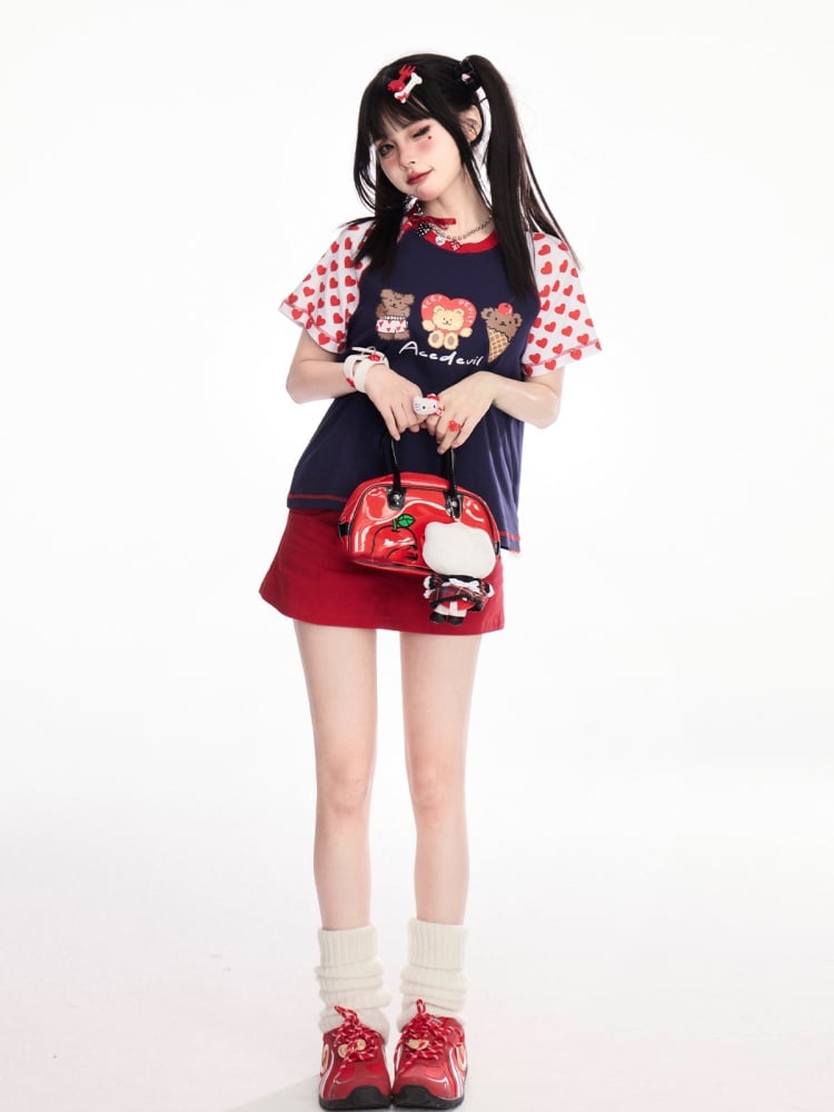 Pattern Navy Blue Colorblock Design Teddy Bear Print T-Shirt Heart