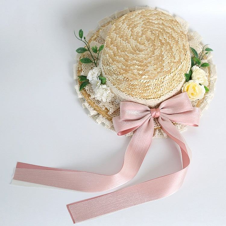 Hydrangea Bowknot Colors Straw Kei Lolita With Hat Lace Detachable Mori 4 Country