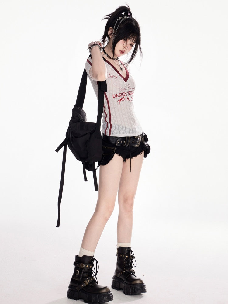 ブラック/ホワイト Vネック レター刺繍 セミシアーTシャツ