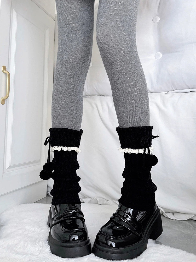 Warmers Pom-Pom Black Ribbed Lace Slouchy Leg
