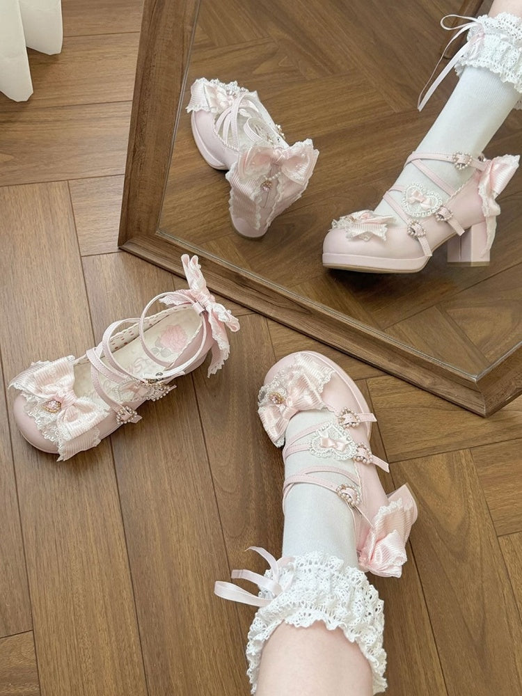 Sweet Lolita Pink Middle Heel Platform Shoes with Lace - Sheep Puff