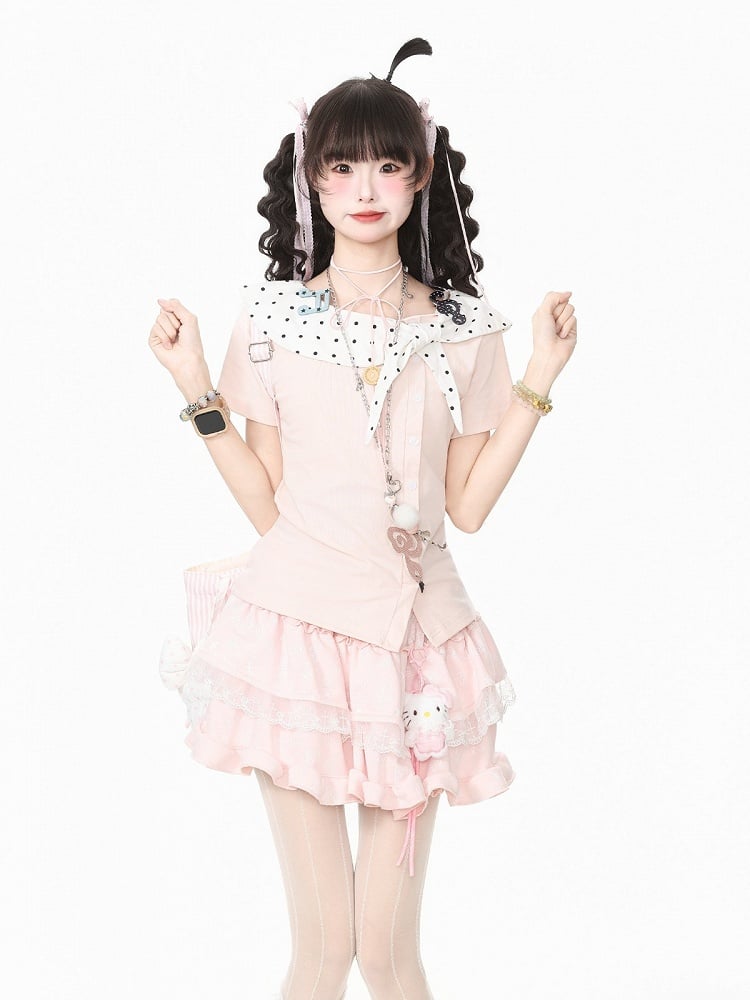 Pink Polka Dot Music Note Tie-Neck Top - Languid Park
