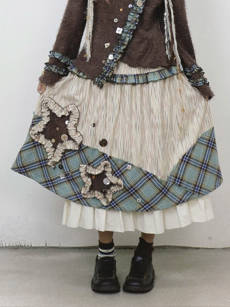 Bohemian Midi Skirt: Patchwork Green with Beige Kei Plaid Vintage Appliques Star Mori