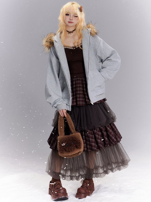 Grey Purple Plaid Patchwork Tiered Tulle Bubble Skirt