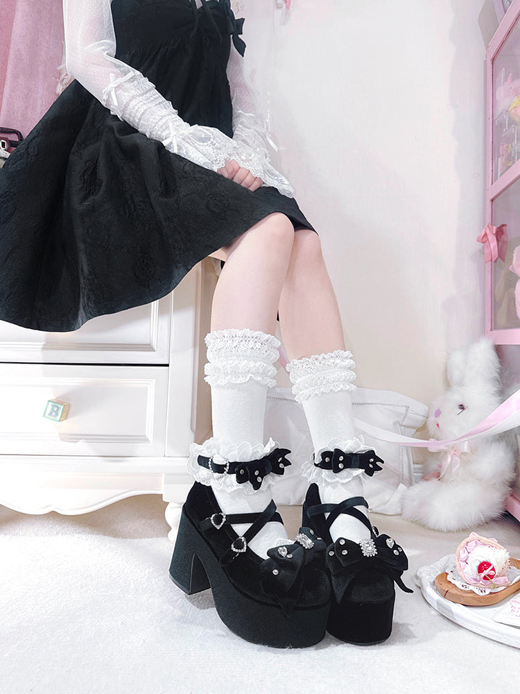 ブロック・メアリー・アクセント・スクール・ブラック・ボウ・ロリータ・ヒール・オールド・ベルベット・ケイ・ジライ・ジェーンズ・ハイ