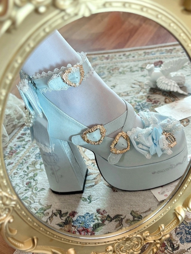 Platform Lolita Janes Satin Blue Crown Block Heel Details - High Sweet Mary
