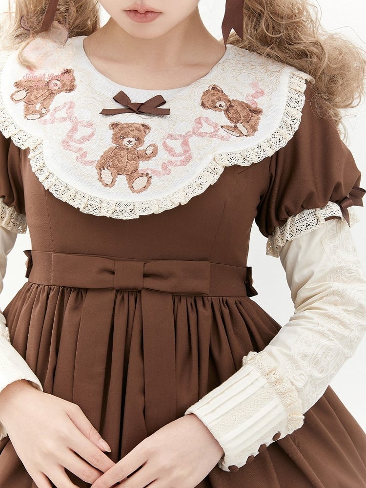 Trim Sweet Lace Bear Teddy Embroidered Lolita Sleeves Dresswith Puff Neckline Brown