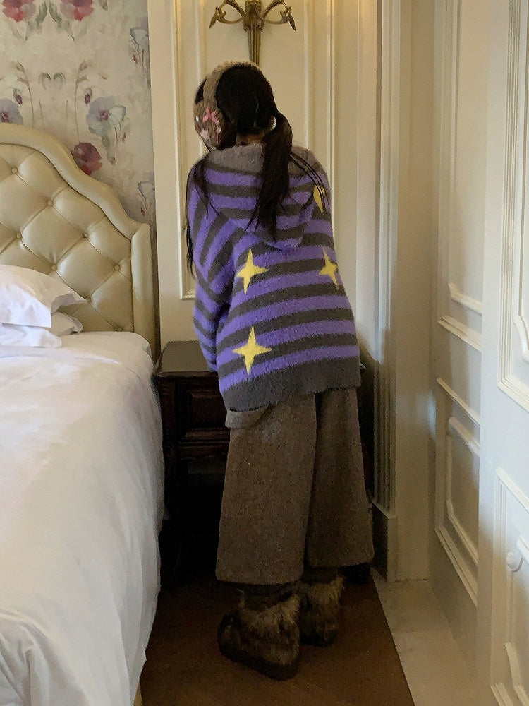 Stripe with Purple Pattern Star Zip-up Y2K Knit Jacket