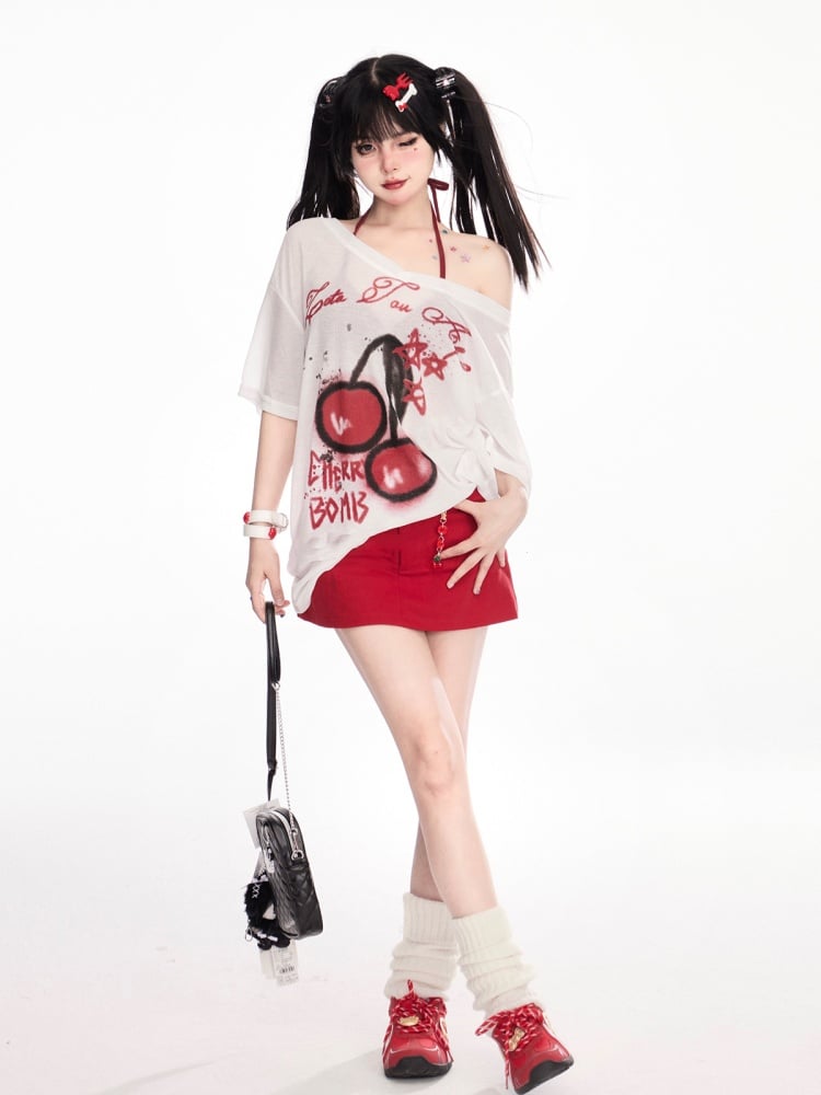 Charm Free Bodycon Rise Mini Denim Skirt with Red Low