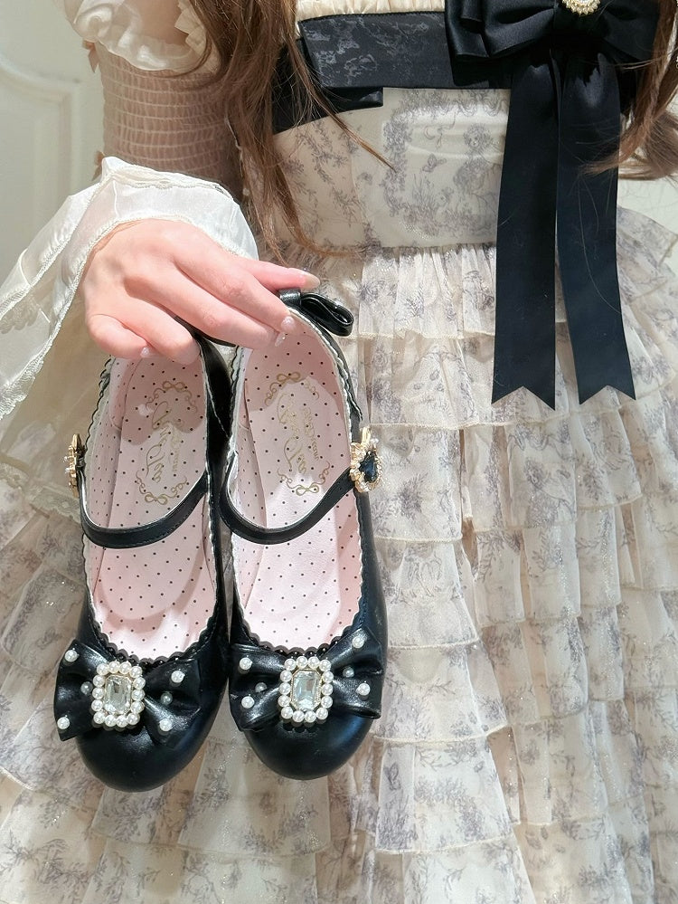 ジェーンズとラウンドロリータブラックトゥビーズディテールラインストーン装飾シューズメアリーボウノット