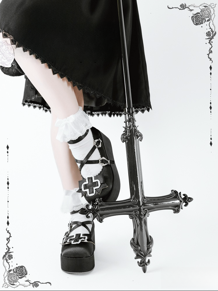 6cm Gothic Heel Straps Black Criss-cross Balletcore Satin Platform Buckle Shoes with