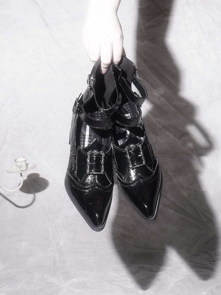 Pointed-toe Bat with Gothic PU Shoes Bow Black Buckle Accents Heeled Wing 5cm