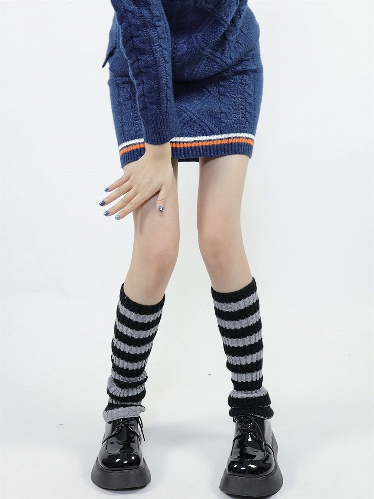 Gray 45cm Leg Warm Striped Knit Black Warmers