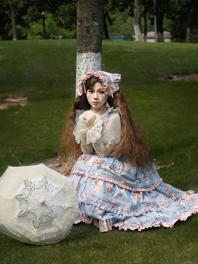 Cookie Hamster Sweet Lolita and Ruffle Print Dress Pink Hem Blue