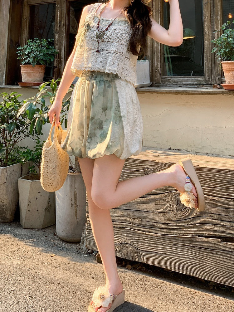 Dye Lace Taille Patches Krawatte Shorts Seite Mori Kei Grün Elastisch