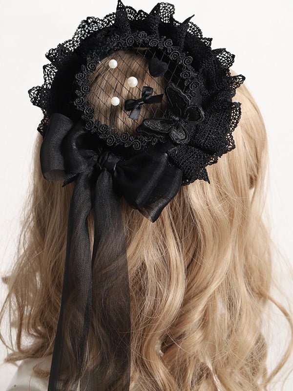 Lolita-Mütze mit Schleife, Netz-Mini und Perlenverzierungen in Weiß/Gelb/Schwarz